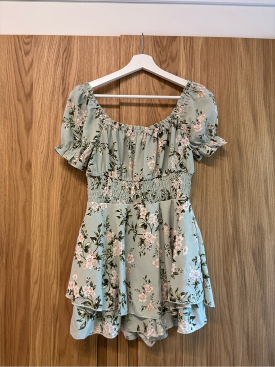 Denim - Floral Smocked Peasant Top in Sage Green